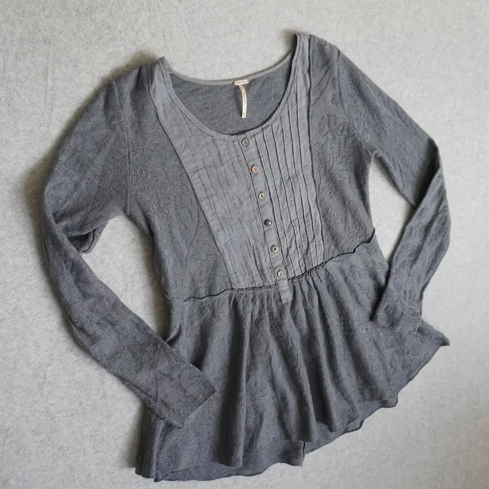 Free People Lace Tunic Top Blue/Gray - Thermal Babydoll Top
